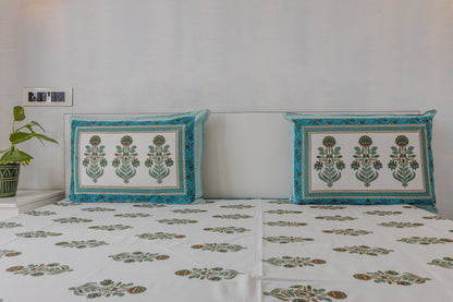 Rajwada Garden White with Block Print Bed Sheet